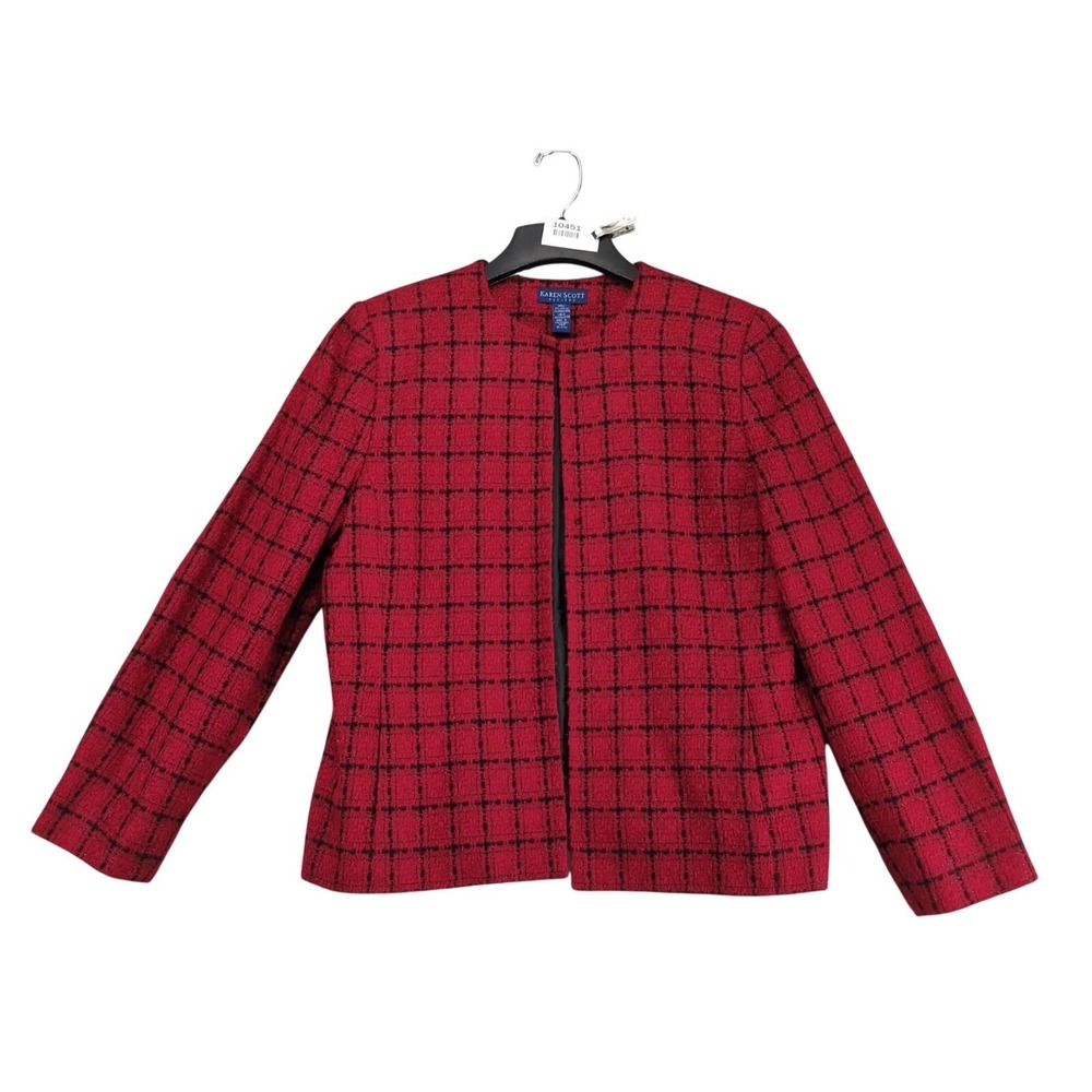Karen Scott Petite Blazer 14P Red‎ Tweed Plaid Open Front Cropped Classic Chic